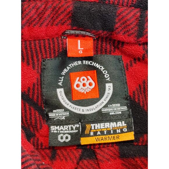 686 Sierra Fleece Flannel Shirt Jacket Oxblood Plaid Snap Button Mens Large - Picture 3 of 7